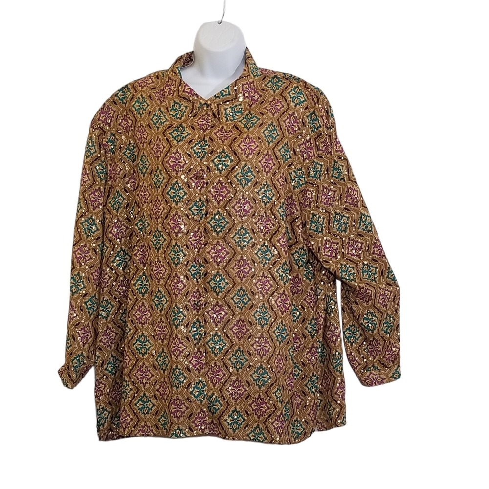 Jordan Shirt Womens 20W Statement Glam Vintage 80s Metallic Button Long Sleeve